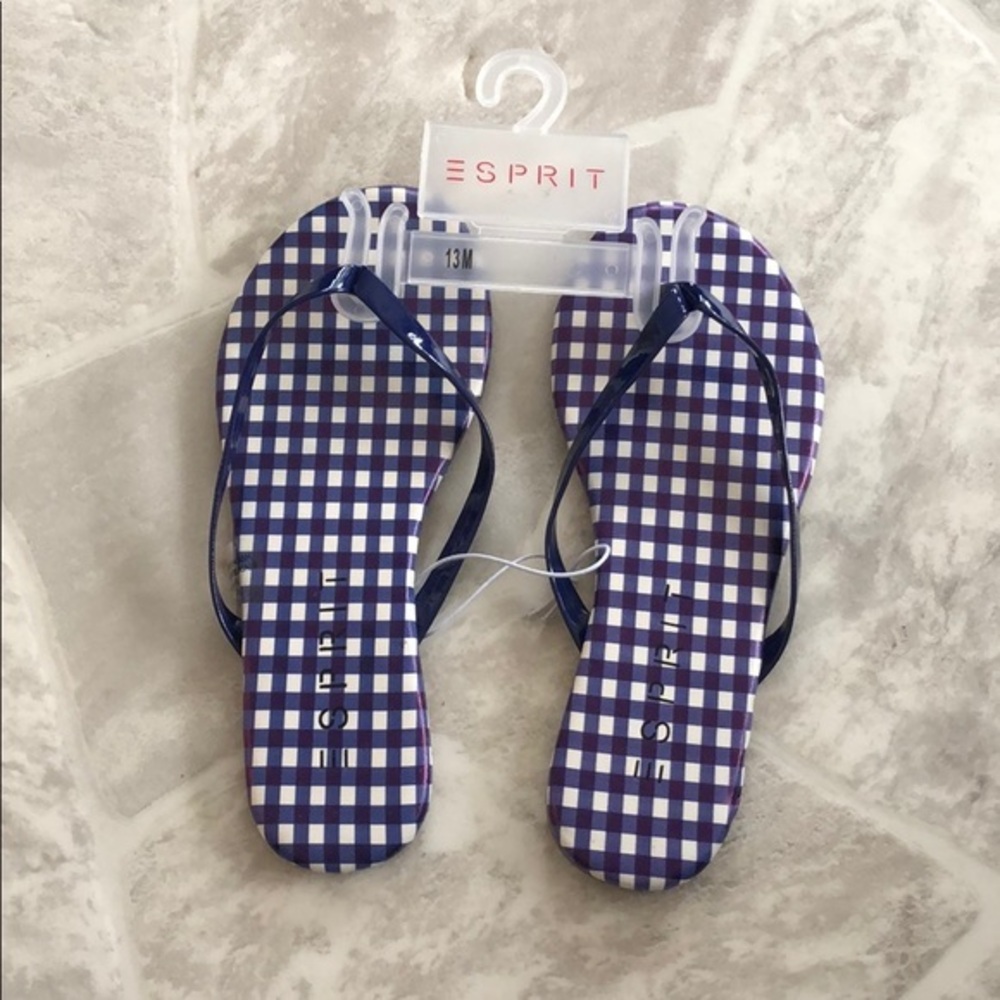 NWT ESPRIT blue plaid summer beach flip flops girls size 13